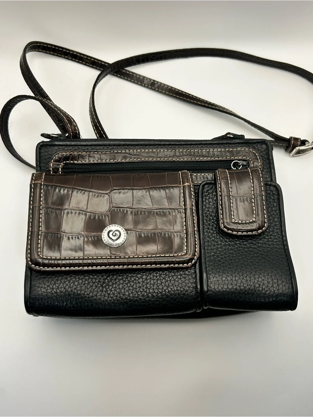 Brighton Vintage Pebble Leather Crossbody Purse Two-tone Black Brown Organizer - Picture 16 of 16